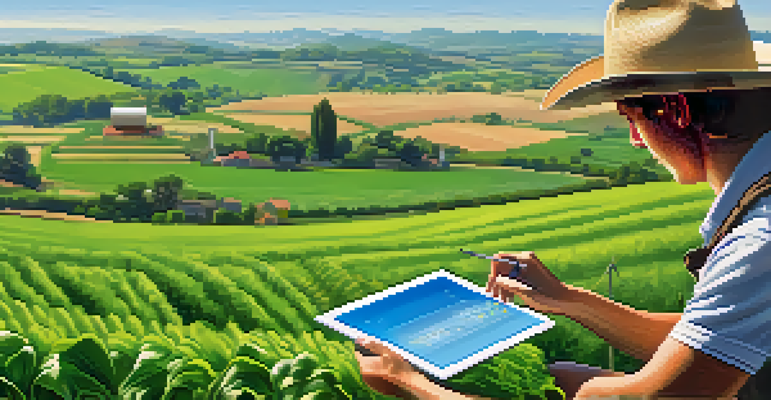 A farmer in a green field using a digital tablet to check weather data, representing the integration of technology in agriculture.
