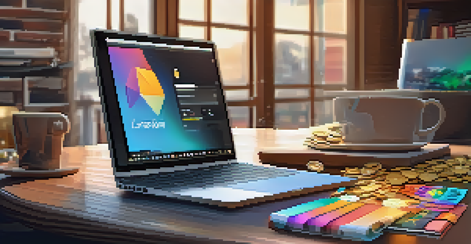 A desktop scene with a laptop displaying a software wallet, cryptocurrency coins, a notepad, and a coffee cup.
