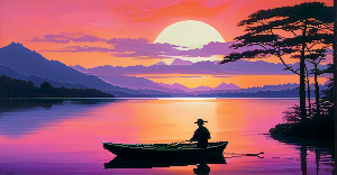 A peaceful sunset over a calm lake with a fisherman in a boat and mountains in the background.