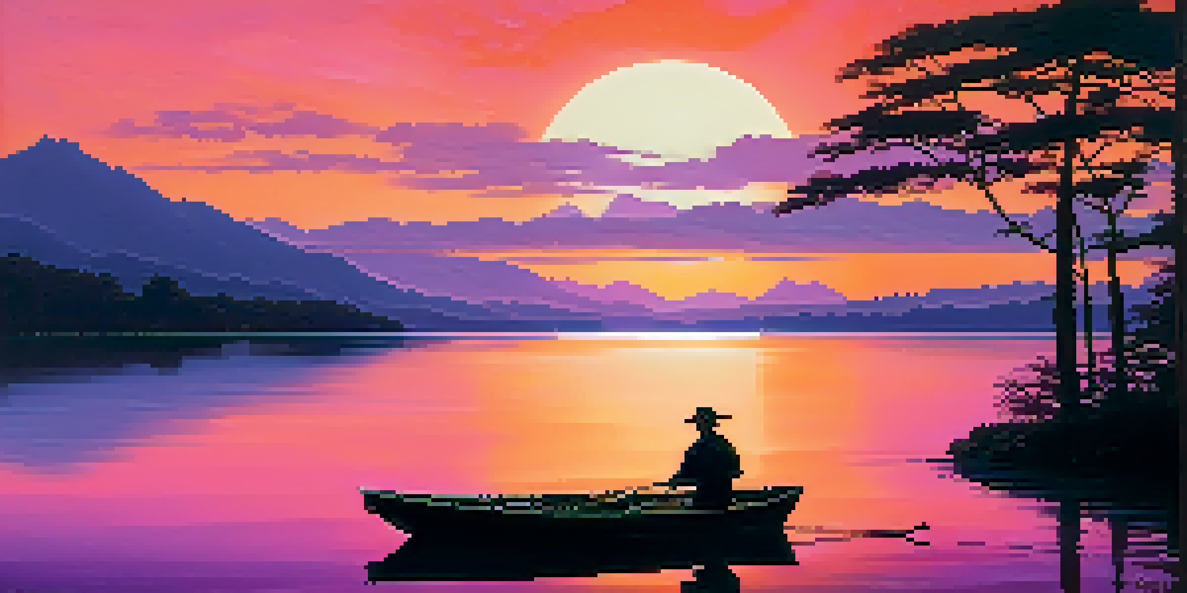 A peaceful sunset over a calm lake with a fisherman in a boat and mountains in the background.