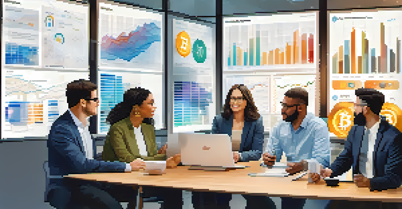 A diverse group of people discussing cryptocurrency investments with charts and digital devices in a modern office.