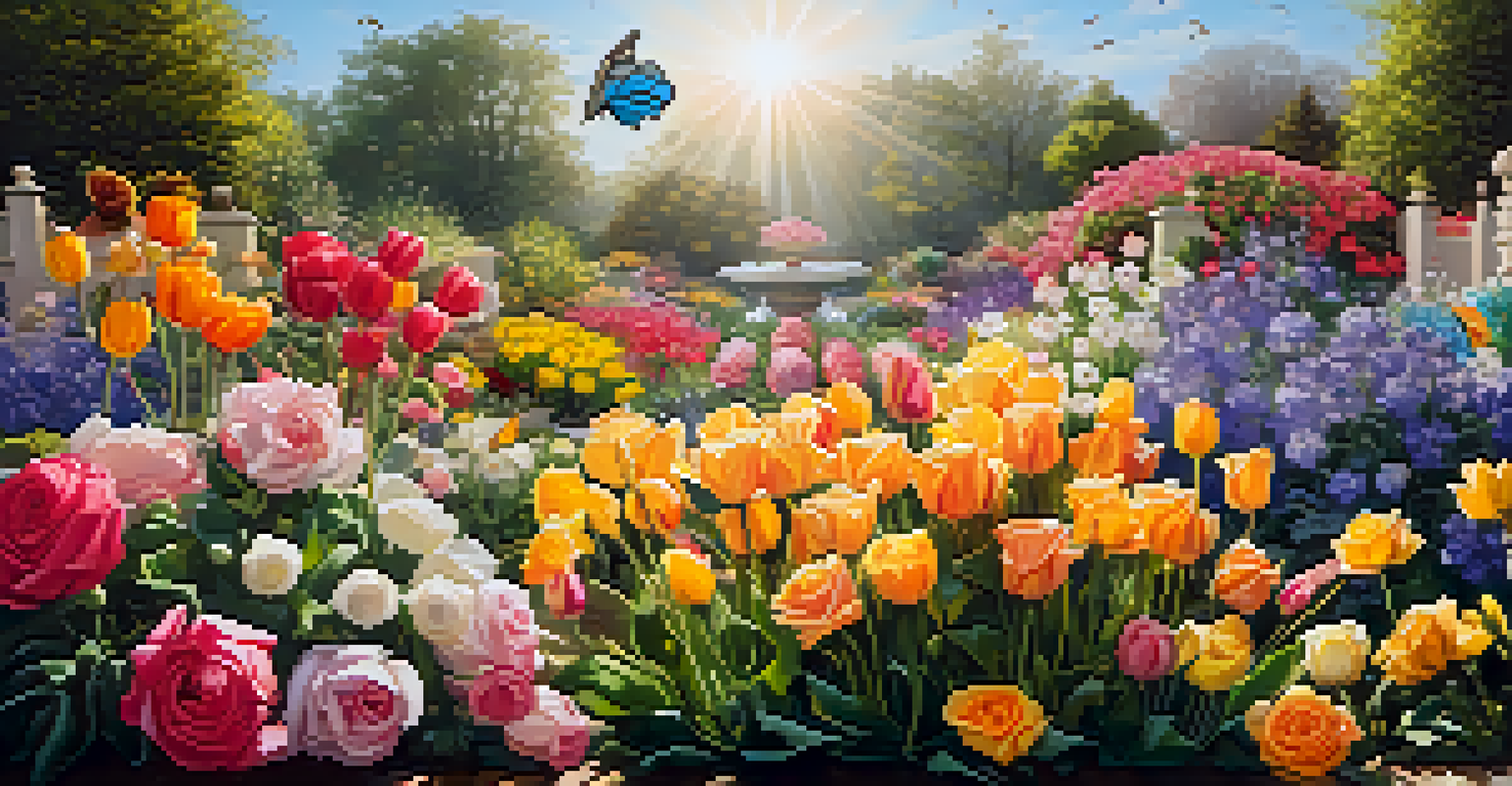 A close-up view of a colorful flower garden with various flowers and insects.