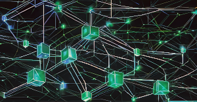 A detailed illustration of a blockchain network with glowing blocks and lines representing data flow in a dark background.