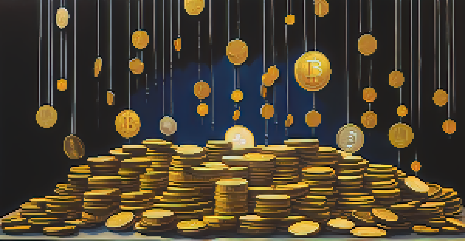 A visual metaphor of market manipulation with puppet strings controlling cryptocurrency coins against a dark background.