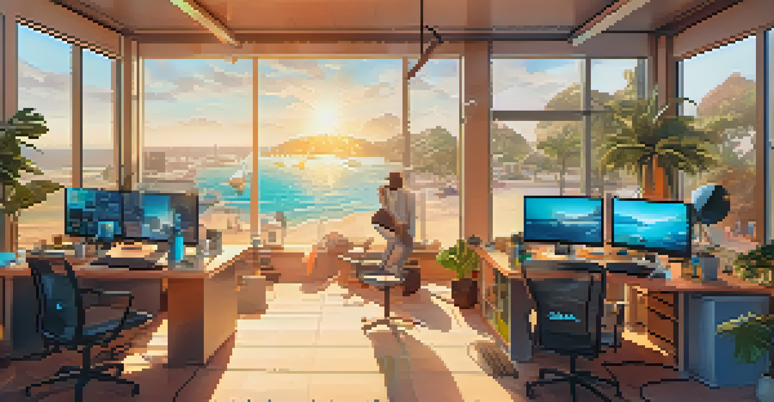 A futuristic remote work environment showing diverse professionals working from different locations, connected through digital devices.