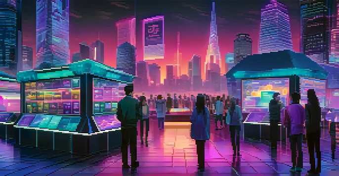 A futuristic digital marketplace with a holographic screen displaying cryptocurrency tokens against a neon-lit cityscape at night.