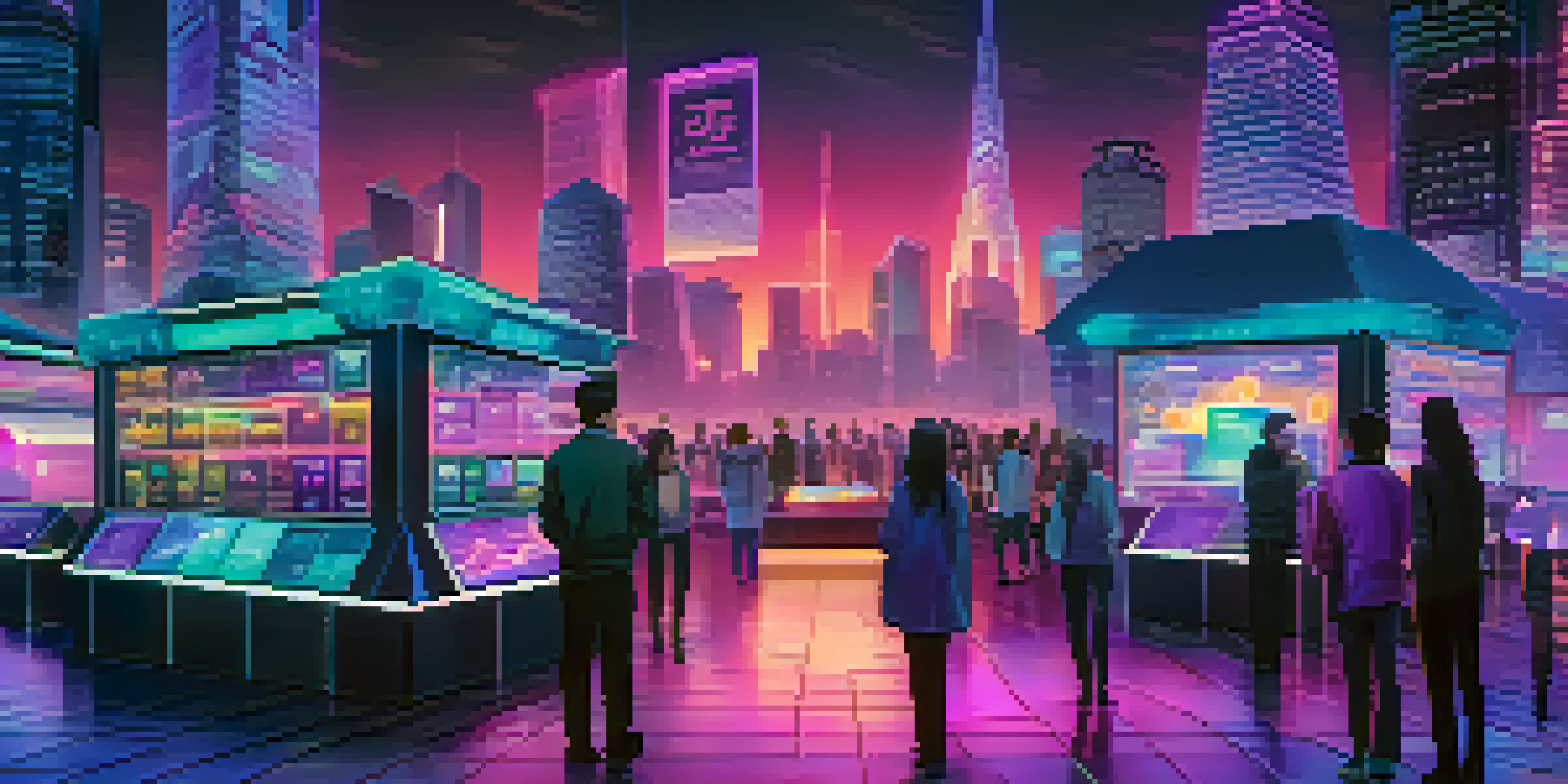 A futuristic digital marketplace with a holographic screen displaying cryptocurrency tokens against a neon-lit cityscape at night.