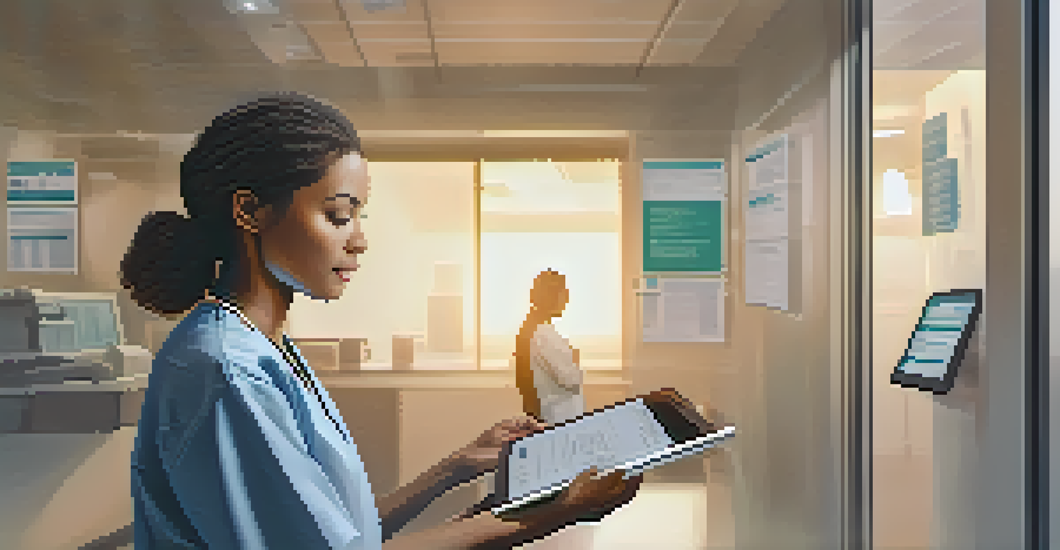 A patient in a hospital looking at their medical bill on a tablet, with a blockchain interface visible in the background, in a warm and comforting setting.