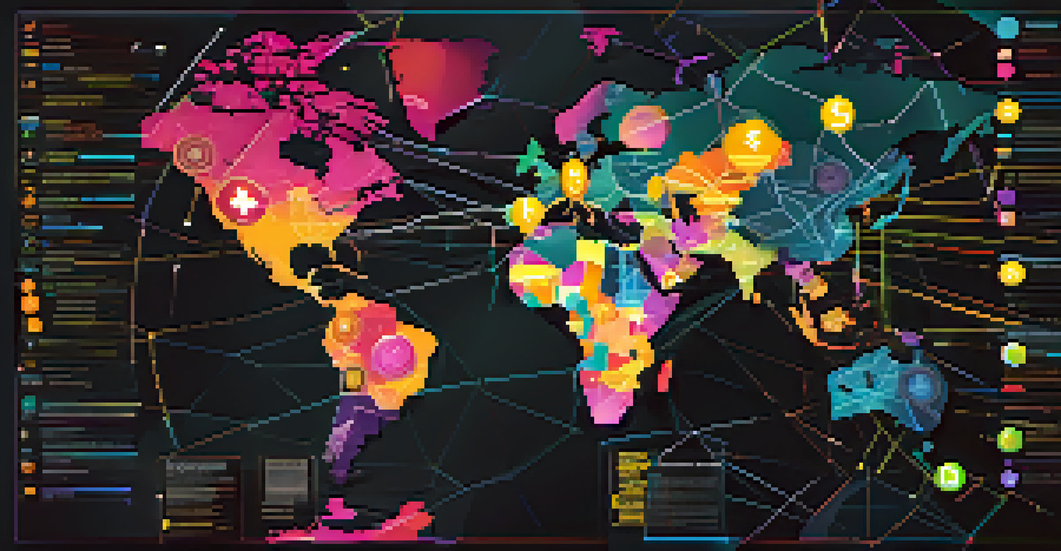 A global map illustrating cryptocurrency transactions between countries, with colorful lines and currency icons against a dark background.