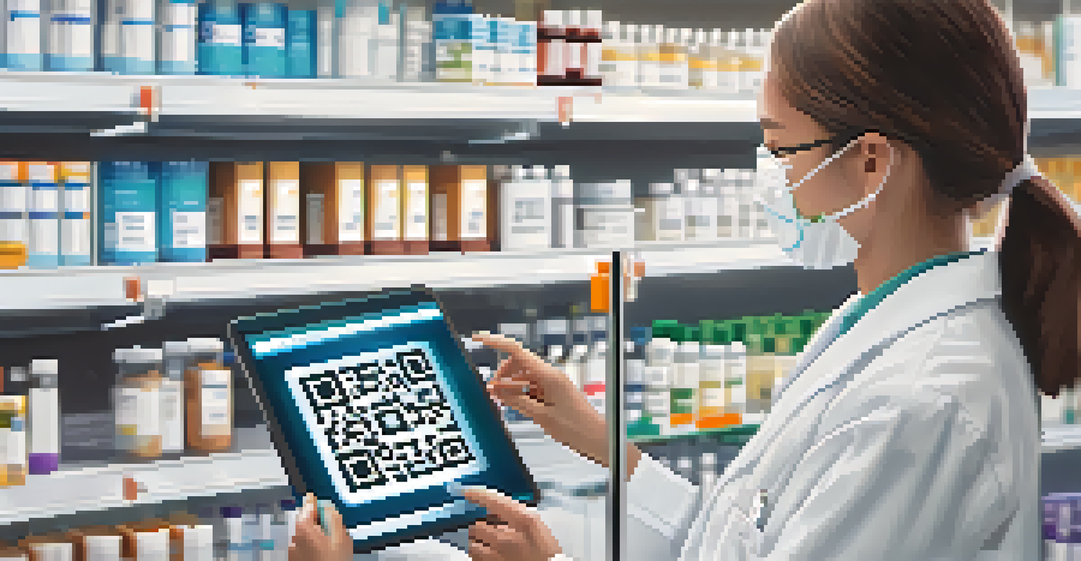 A pharmacist scanning a QR code on a medicine package, with digital data overlay showing blockchain verification details in a bright pharmacy.