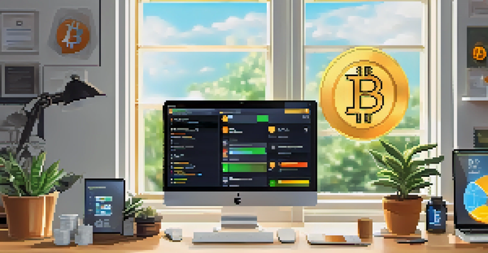 A workspace with a laptop showing a cryptocurrency payment screen and digital currency coins, set in a bright and minimalist environment.