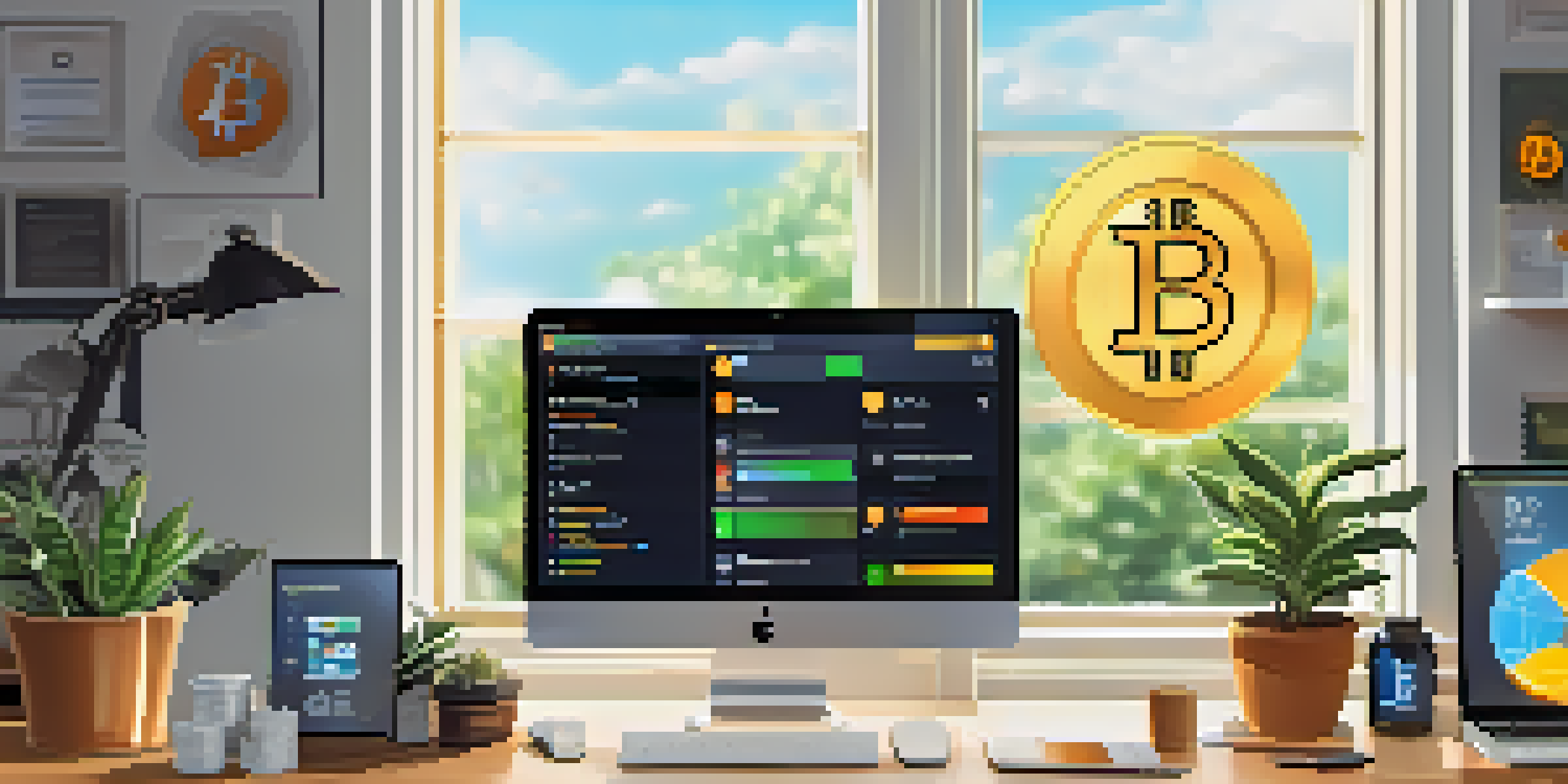 A workspace with a laptop showing a cryptocurrency payment screen and digital currency coins, set in a bright and minimalist environment.