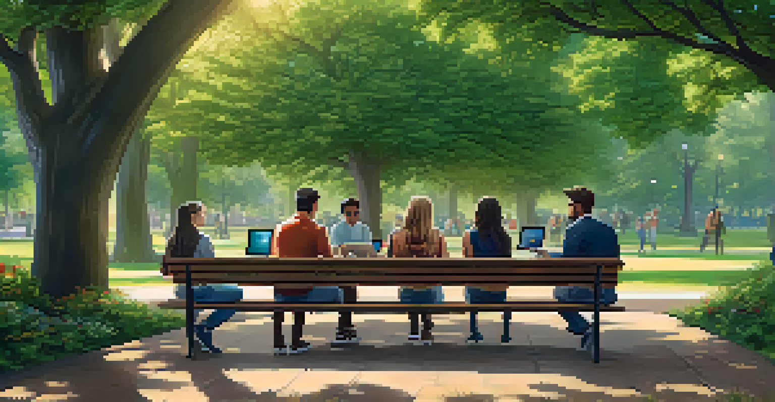 A diverse group of people discussing cryptocurrency outdoors with laptops on a park bench.