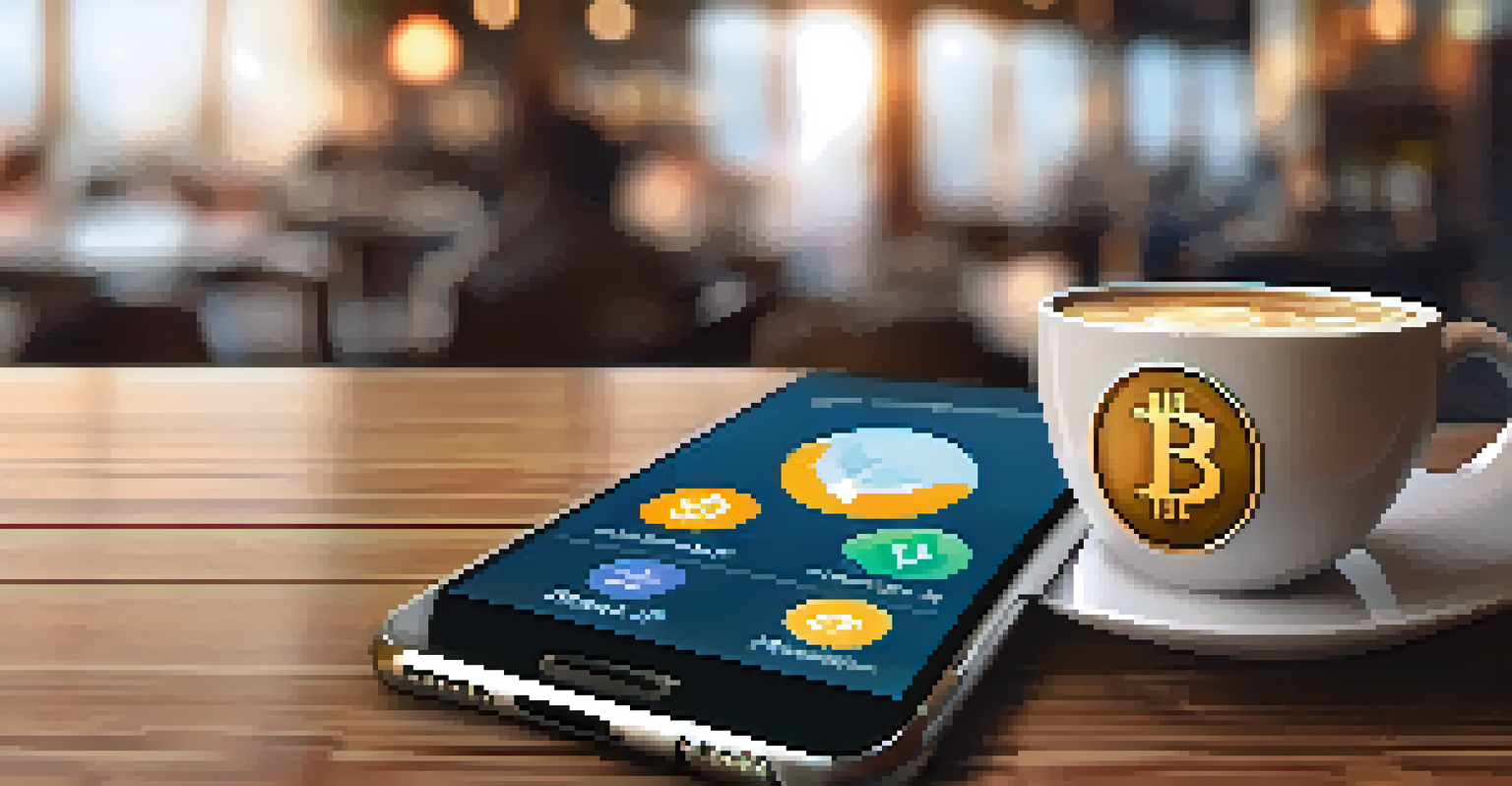 A smartphone showing cryptocurrency apps on a wooden table with a coffee cup in a cozy café setting.