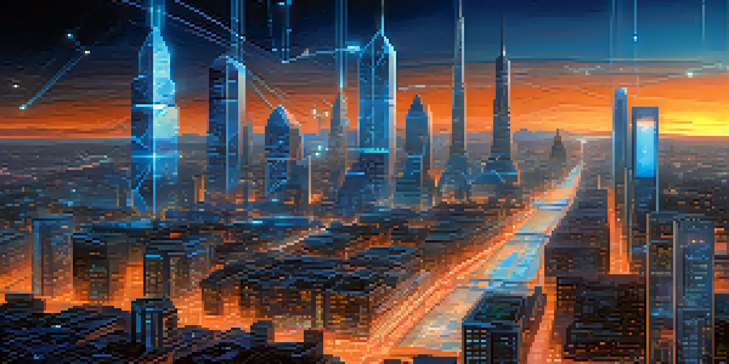 A futuristic cityscape illuminated at dusk, featuring digital nodes and interconnected lines, symbolizing blockchain technology.