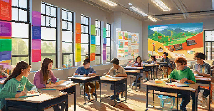 A lively classroom with students working together, colorful posters on the walls, and digital screens showing NFT badges, illuminated by sunlight from large windows.