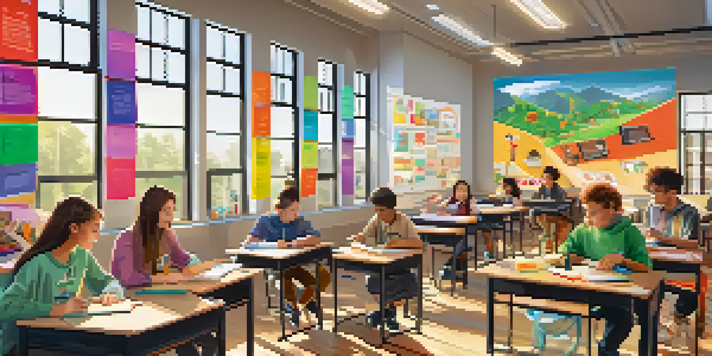 A lively classroom with students working together, colorful posters on the walls, and digital screens showing NFT badges, illuminated by sunlight from large windows.
