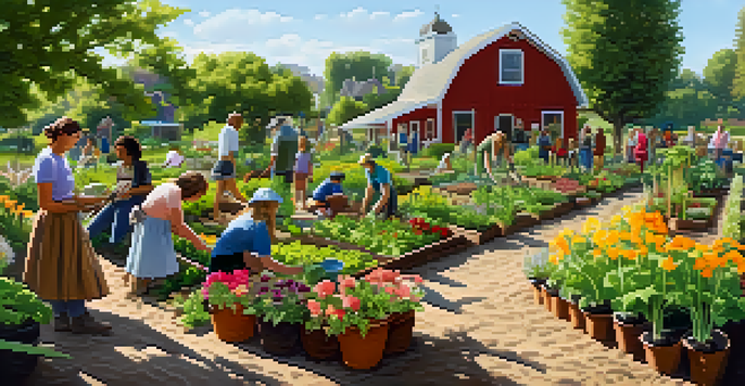 A community garden with diverse individuals planting vegetables and blooming flowers under a bright sun.