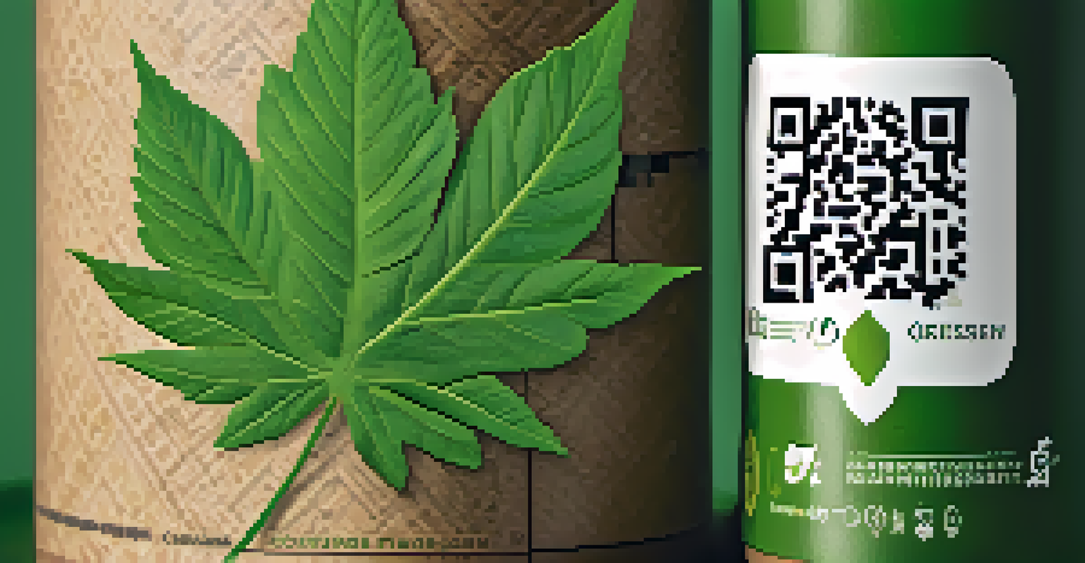 A close-up of a QR code on a product label surrounded by sustainability icons, set against a blurred green forest background.
