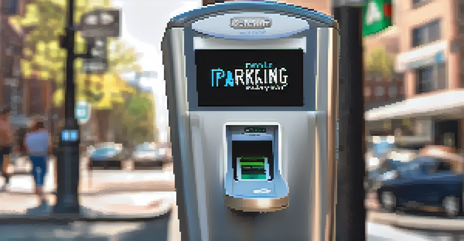 A smart parking meter in an urban setting, displaying a transaction as it deducts cryptocurrency payments automatically.