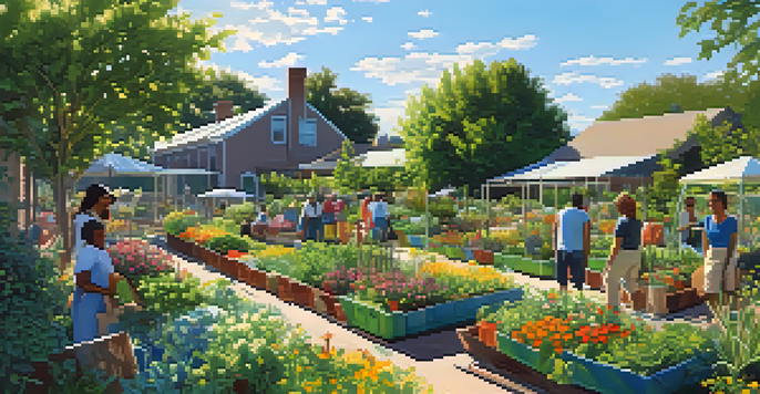 A community garden with diverse plants, flowers, and people of various backgrounds working together under a sunny sky.