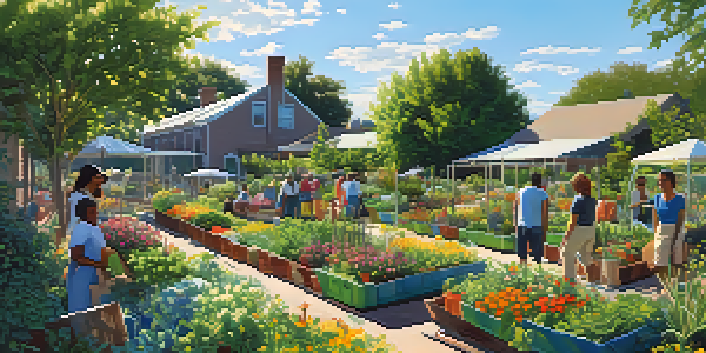 A community garden with diverse plants, flowers, and people of various backgrounds working together under a sunny sky.