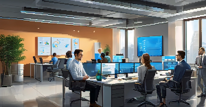 A diverse team of professionals in a corporate office discussing cryptocurrency strategies, with modern technology and screens displaying market trends.