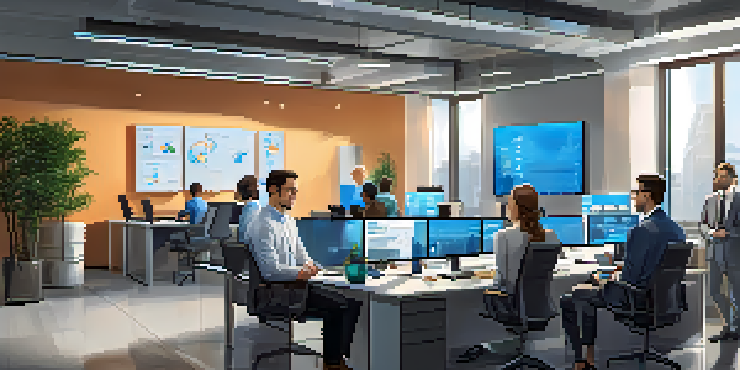 A diverse team of professionals in a corporate office discussing cryptocurrency strategies, with modern technology and screens displaying market trends.