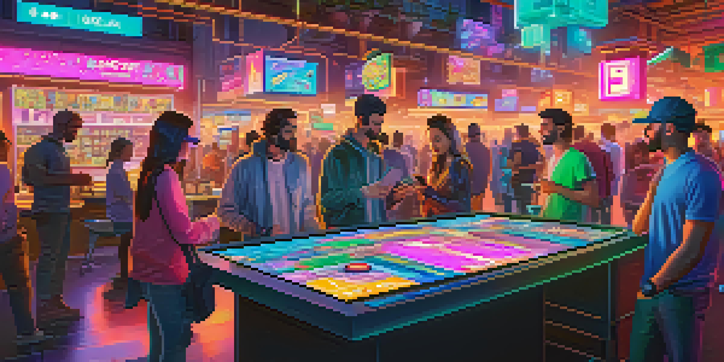 A digital marketplace where players are trading unique digital assets in a gaming environment, with colorful characters and holographic images in the background.