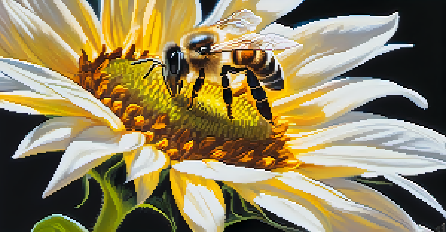 A close-up of a honeybee on a sunflower, showcasing the bee's wings and the sunflower's vibrant yellow petals against a blurred background.