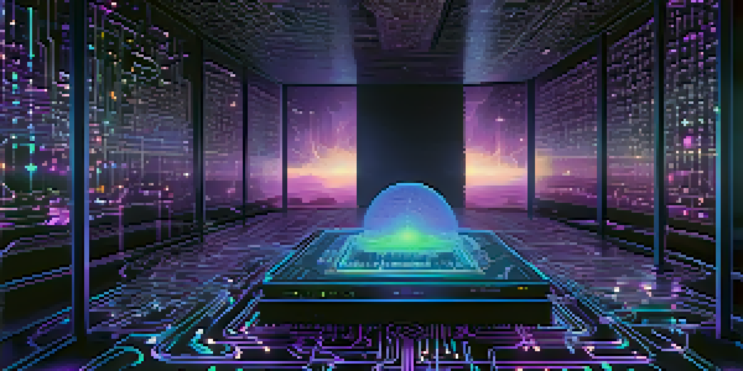 A quantum computer amidst glowing circuits and data streams in a futuristic setting.