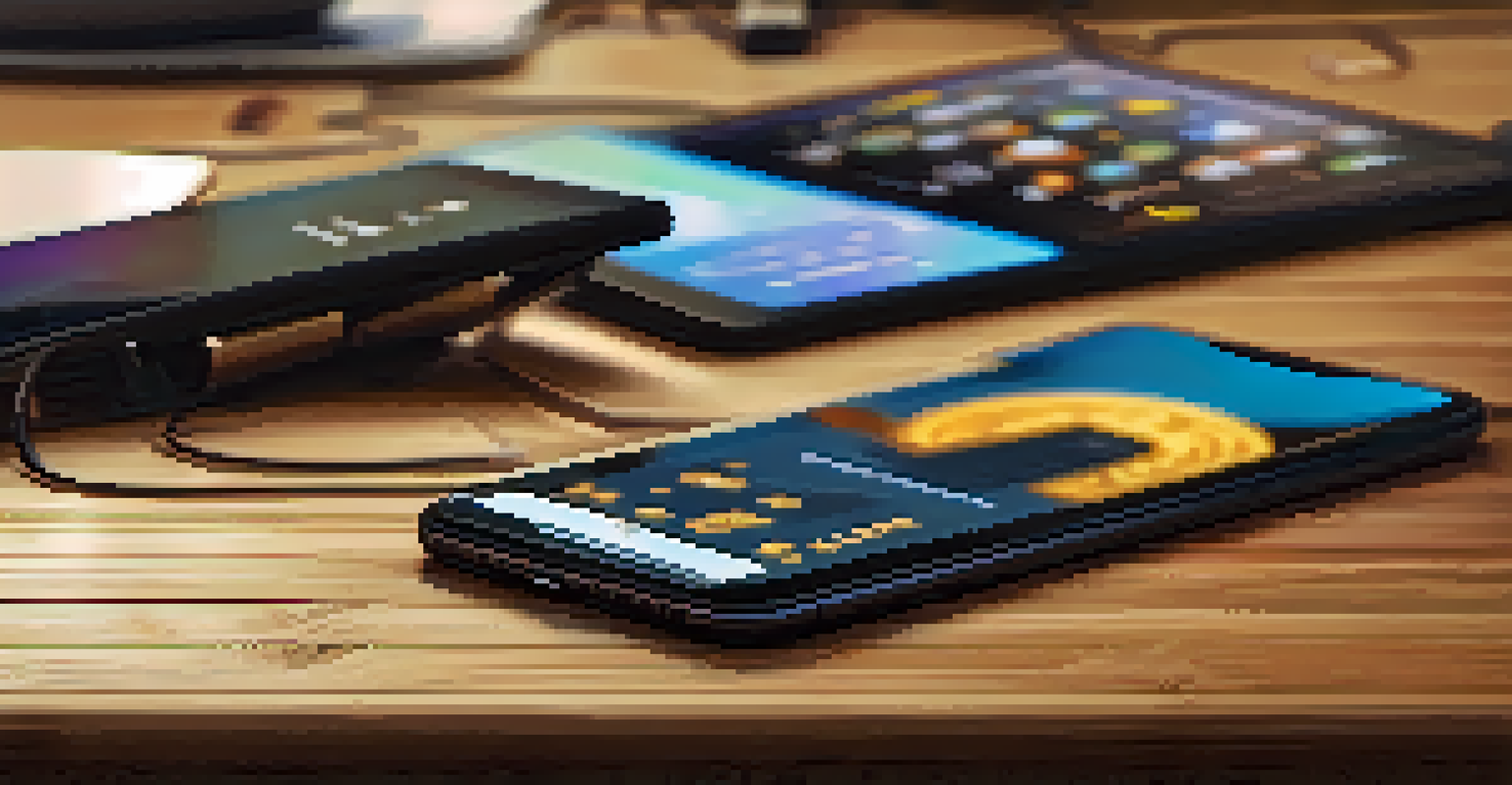 A close-up of a physical Bitcoin on a wooden table, surrounded by digital devices showing cryptocurrency apps in warm lighting.