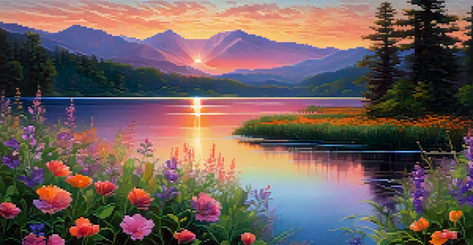 A peaceful lake at sunset surrounded by mountains and greenery, with vibrant colors in the sky and blooming wildflowers in the foreground.