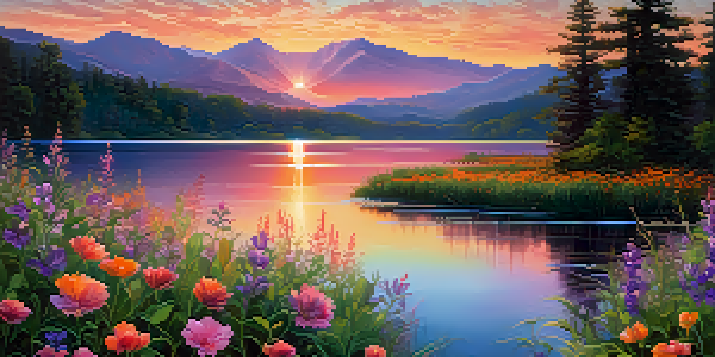 A peaceful lake at sunset surrounded by mountains and greenery, with vibrant colors in the sky and blooming wildflowers in the foreground.