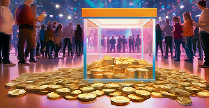A close-up of a transparent donation box filled with digital coins, with a blurred background of a charity event.