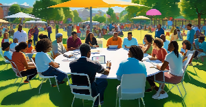 A diverse group of people sitting around a round table in a sunny park, discussing and collaborating on laptops and tablets, with colorful banners in the background.