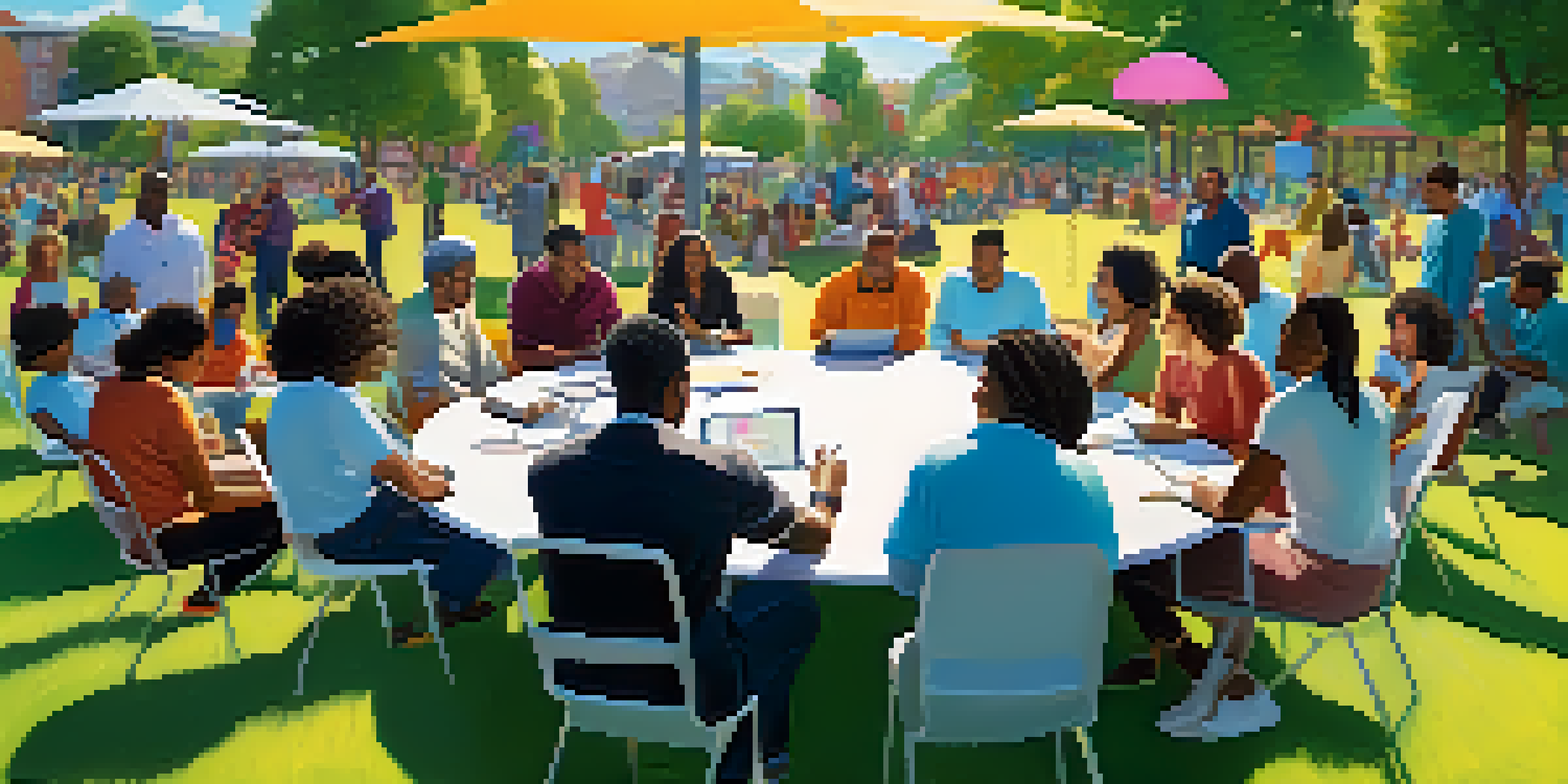 A diverse group of people sitting around a round table in a sunny park, discussing and collaborating on laptops and tablets, with colorful banners in the background.