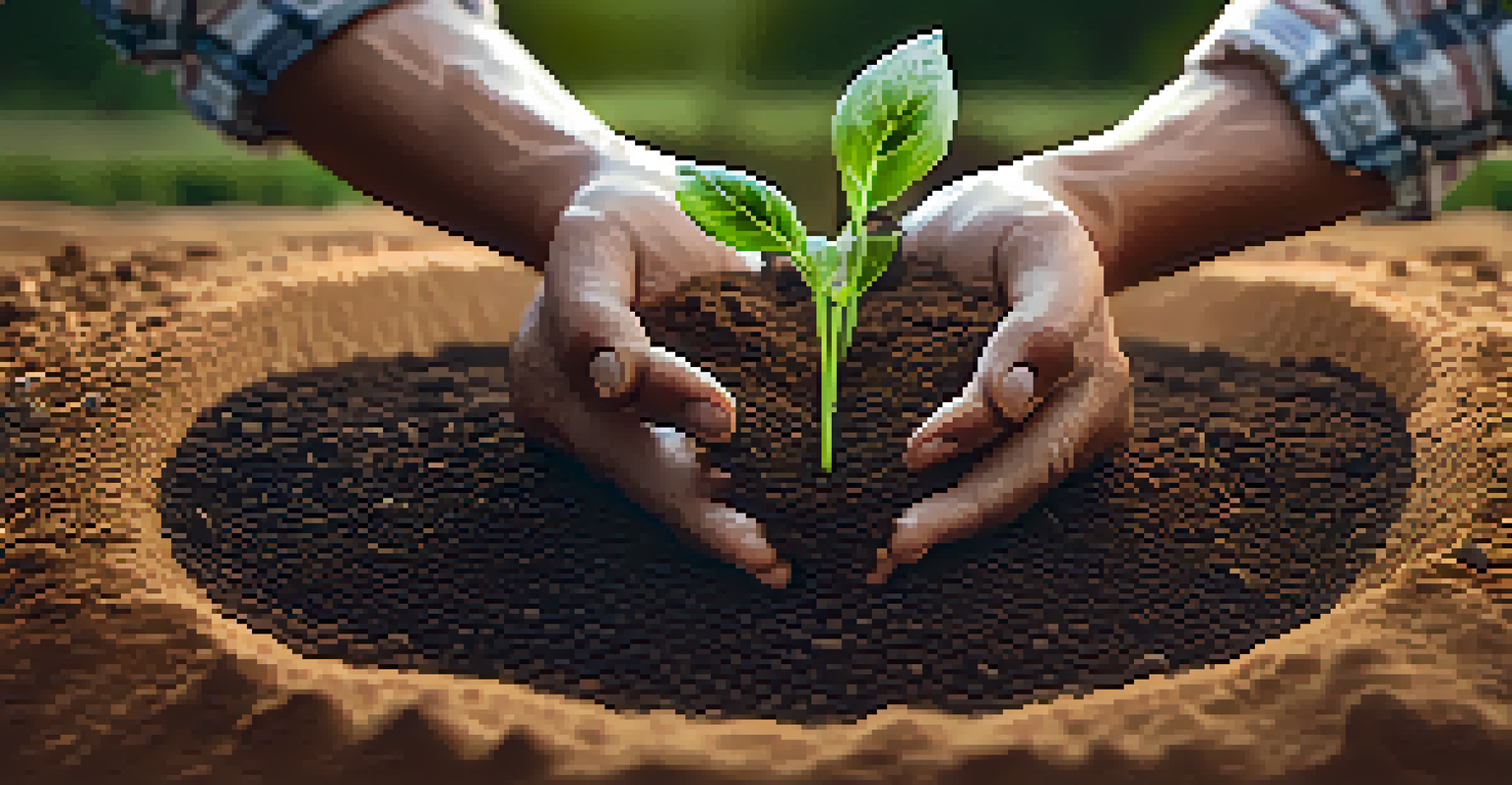 A farmer's hands planting glowing cryptocurrency seeds in rich soil, symbolizing yield farming.