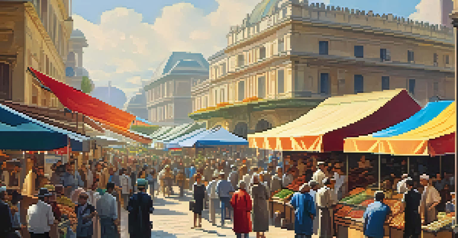 A busy marketplace with a con artist trying to sell to an uncertain investor.