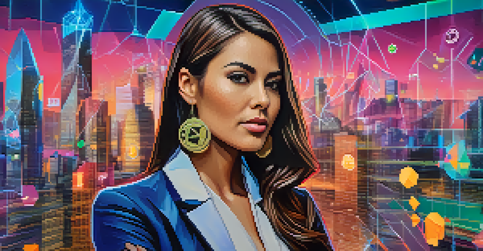 A confident female figure in cryptocurrency standing with digital currency symbols and a city skyline in the background.