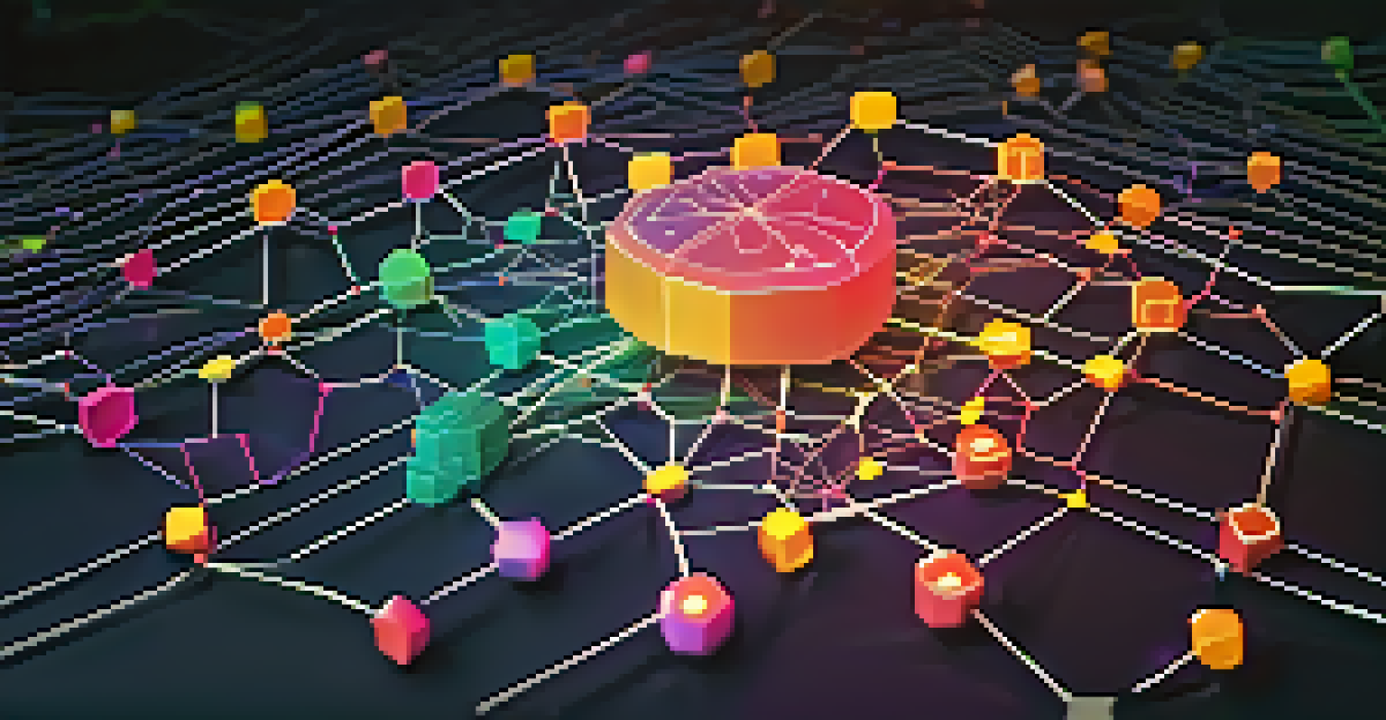 A colorful blockchain network illustrating the interconnected nodes of a Play-to-Earn gaming economy.