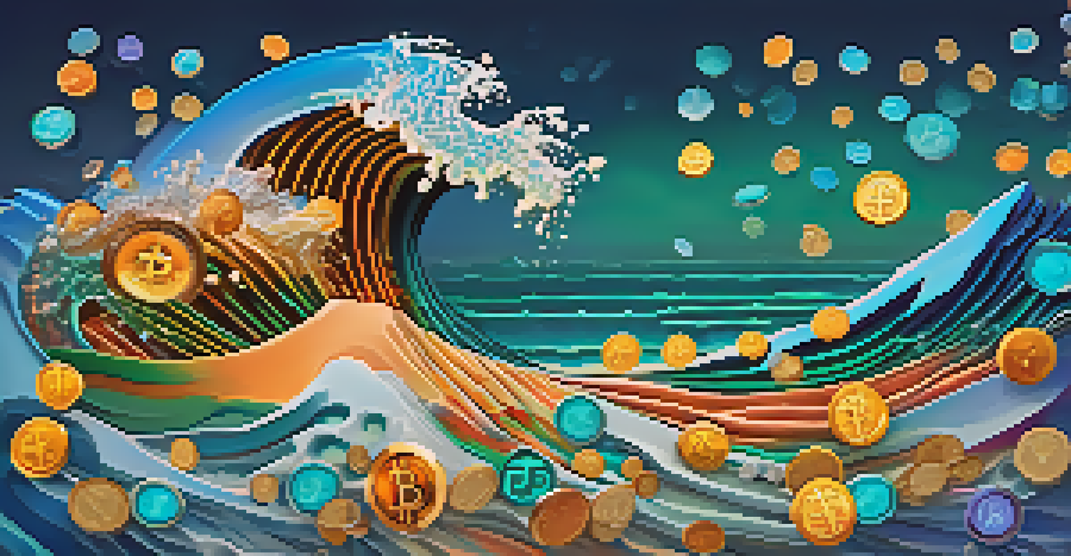 A colorful wave made of cryptocurrency symbols crashing against a digital screen with fluctuating prices, set against a deep blue and green gradient background.