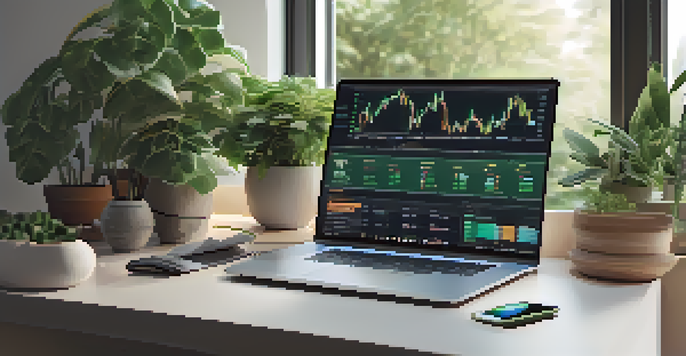 A tranquil trading desk with a laptop showing cryptocurrency charts, decorated with indoor plants and natural light.