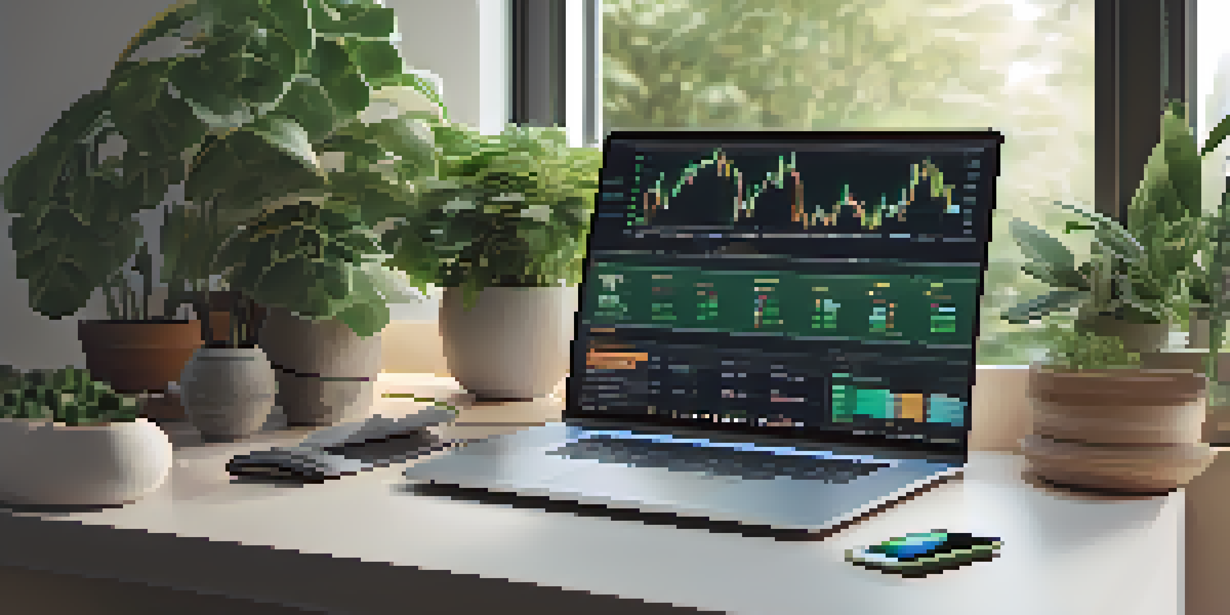 A tranquil trading desk with a laptop showing cryptocurrency charts, decorated with indoor plants and natural light.
