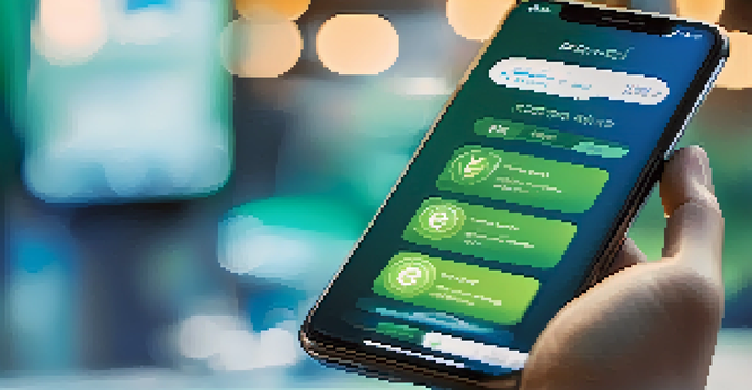 A smartphone displaying a digital wallet with cryptocurrency icons on the screen, set against a blue and green gradient background.