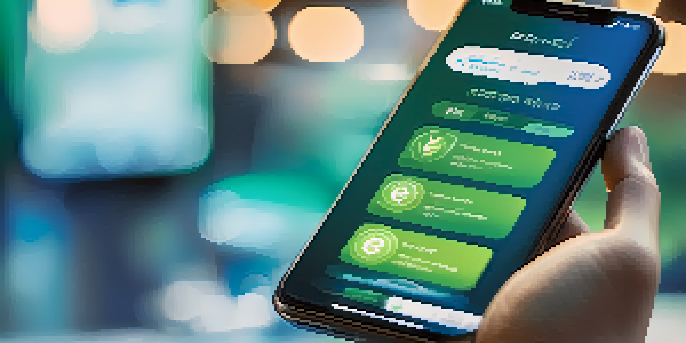 A smartphone displaying a digital wallet with cryptocurrency icons on the screen, set against a blue and green gradient background.