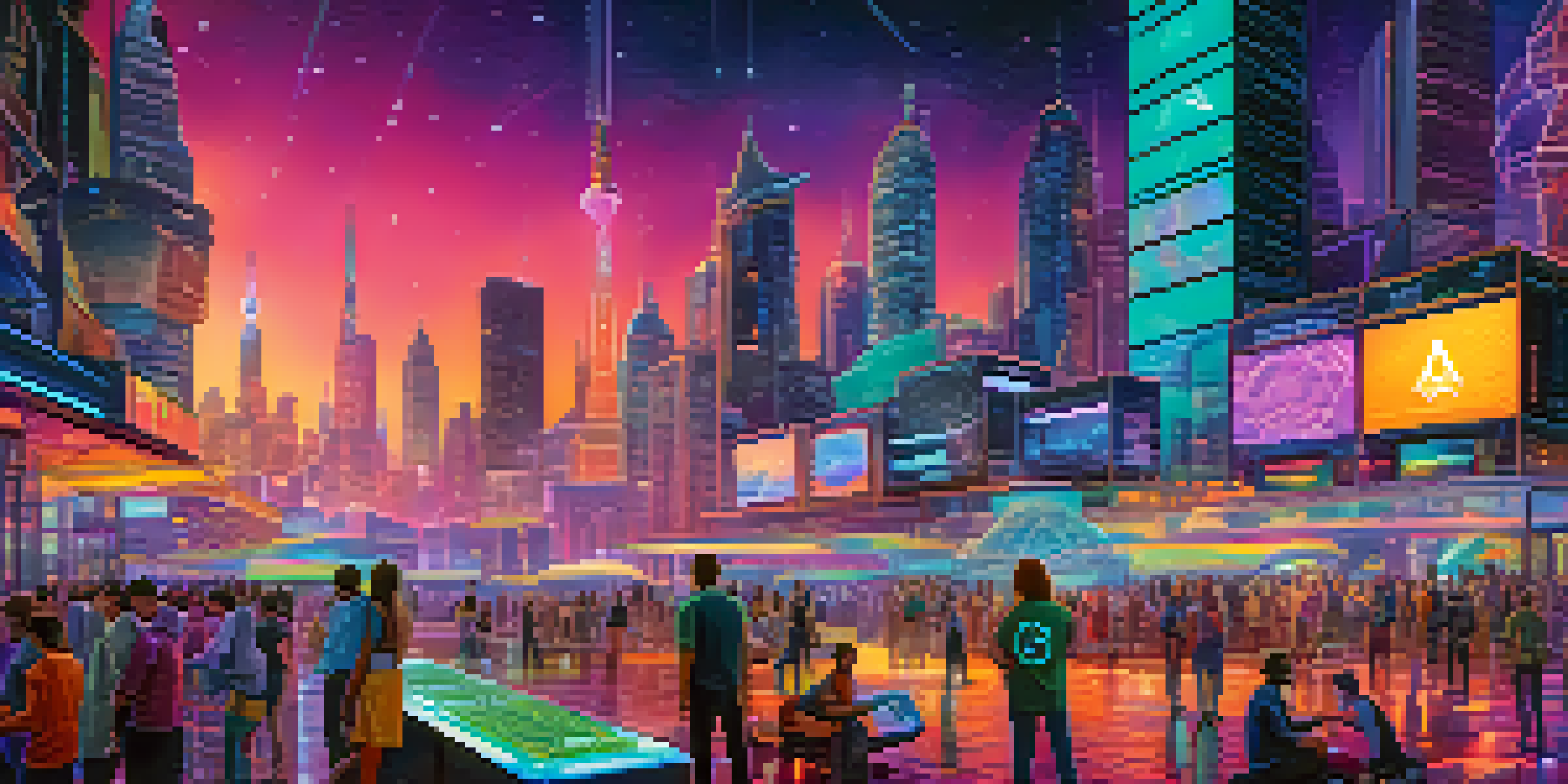 A futuristic cityscape with people using holographic displays of cryptocurrencies, illuminated by neon colors.