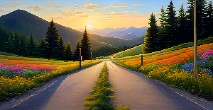 A beautiful fork in a mountain road with trees and wildflowers, under a sunset sky.