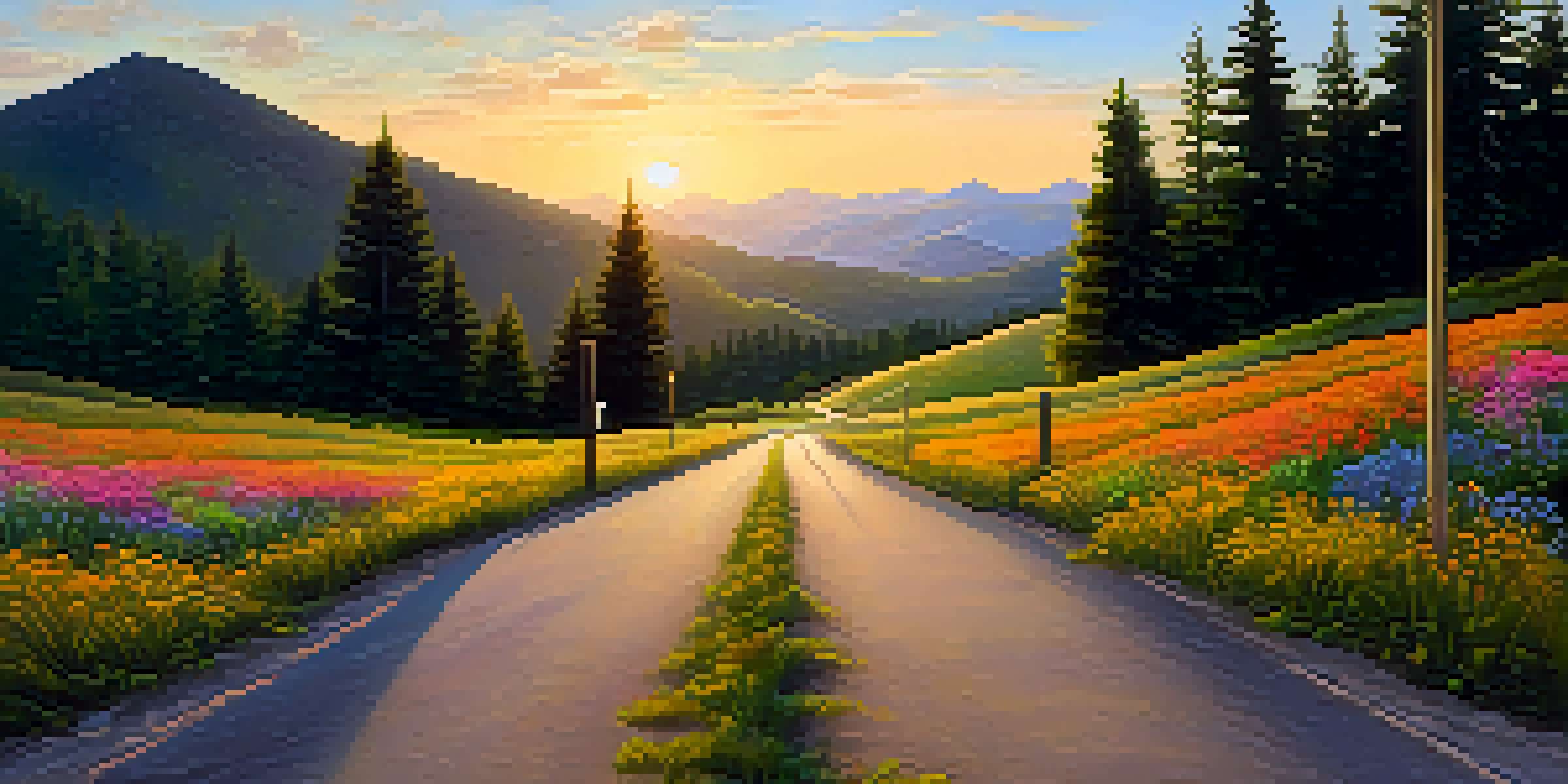 A beautiful fork in a mountain road with trees and wildflowers, under a sunset sky.