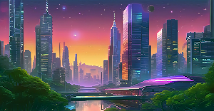 A vibrant futuristic cityscape at dusk with neon lights, skyscrapers, and a gradient sky.